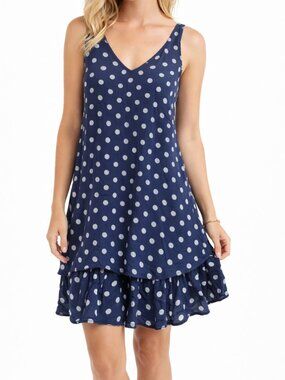 BELLA AMORE Linen Blend Summer Dress Polka Dot Layered Blue White Women's Small